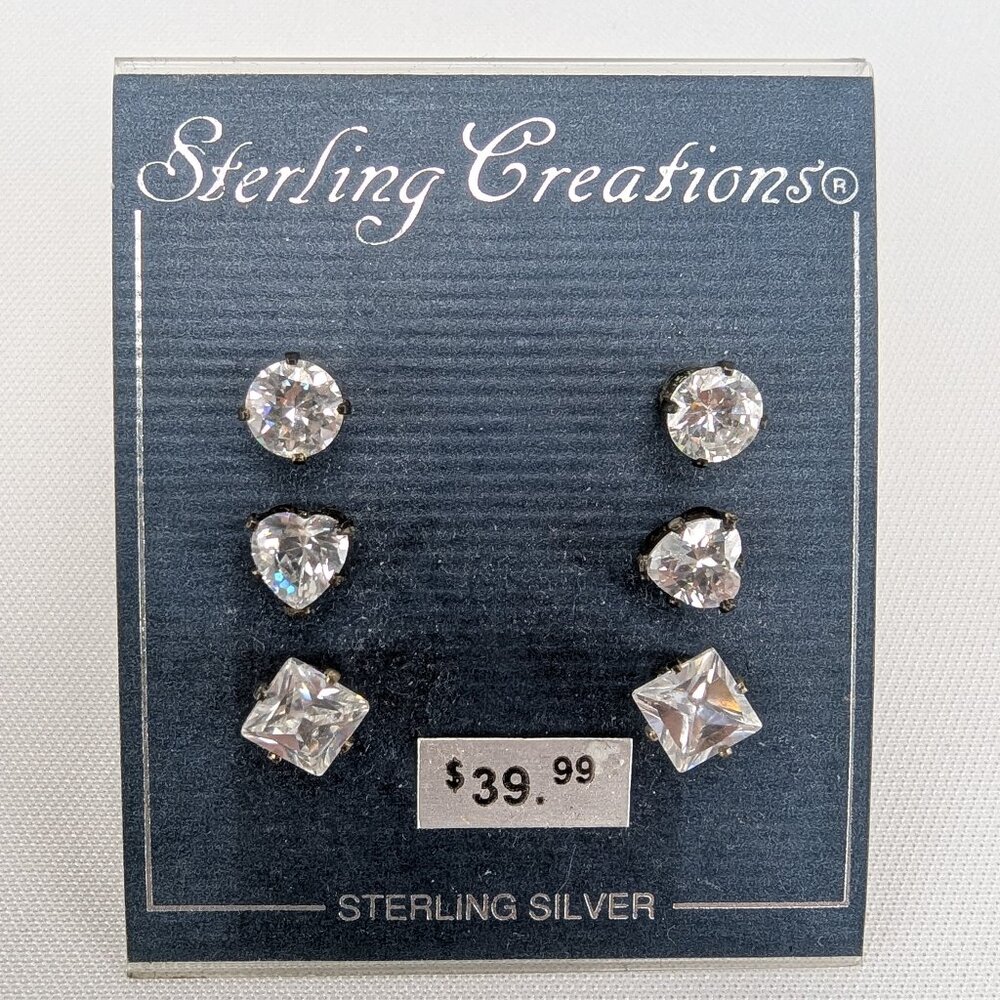 Sterling Creations Sterling Silver Cubic Zirconia Earrings Studs 3 Pairs 6mm